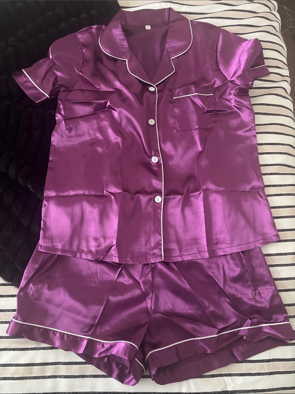 Silky Purple Short Pajama Set with White Piping